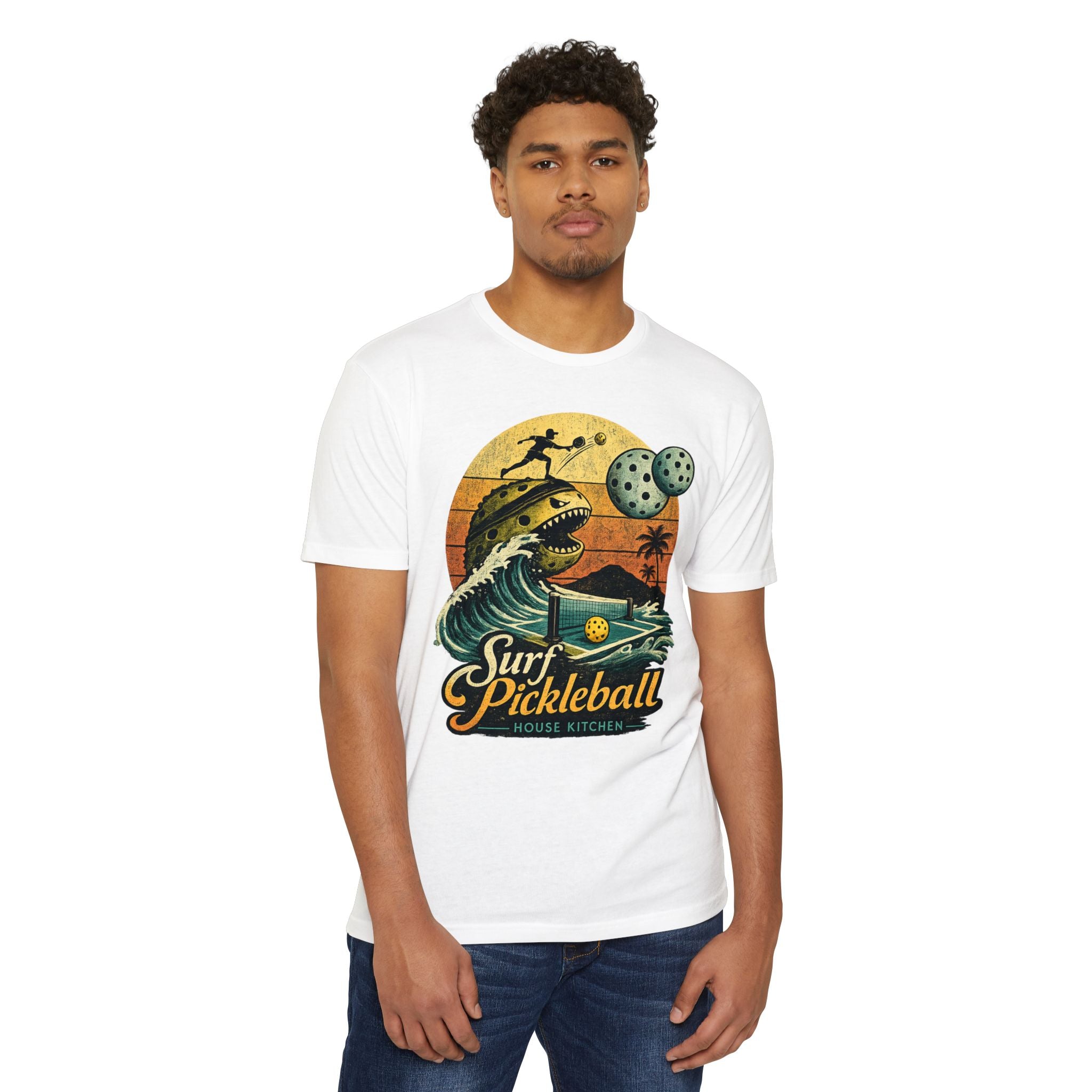 Pickleball Surf T-Shirt — Retro Beach Shark Design
