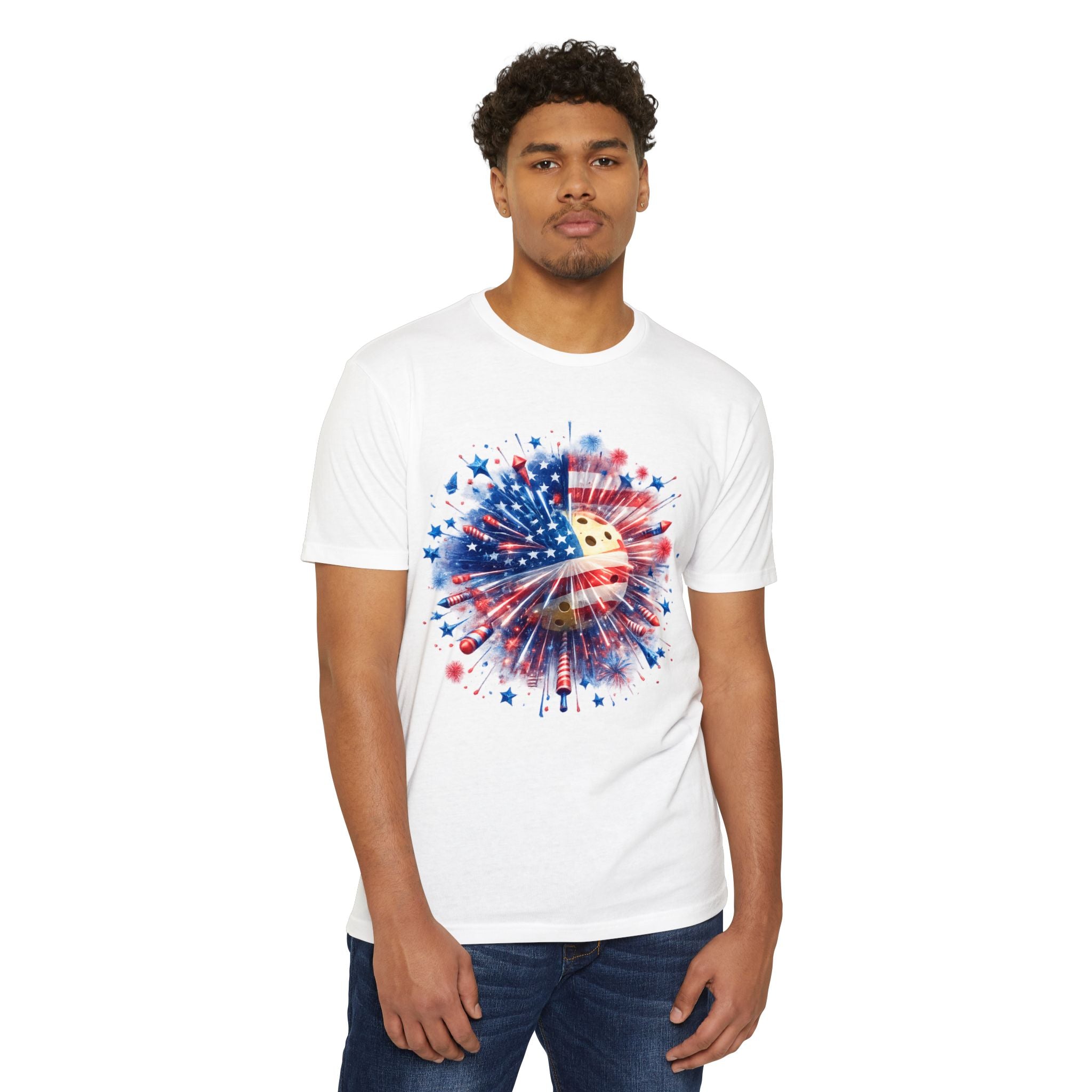 4th of July Fireworks Flag T-Shirt — Patriotic USA Pickleball Design