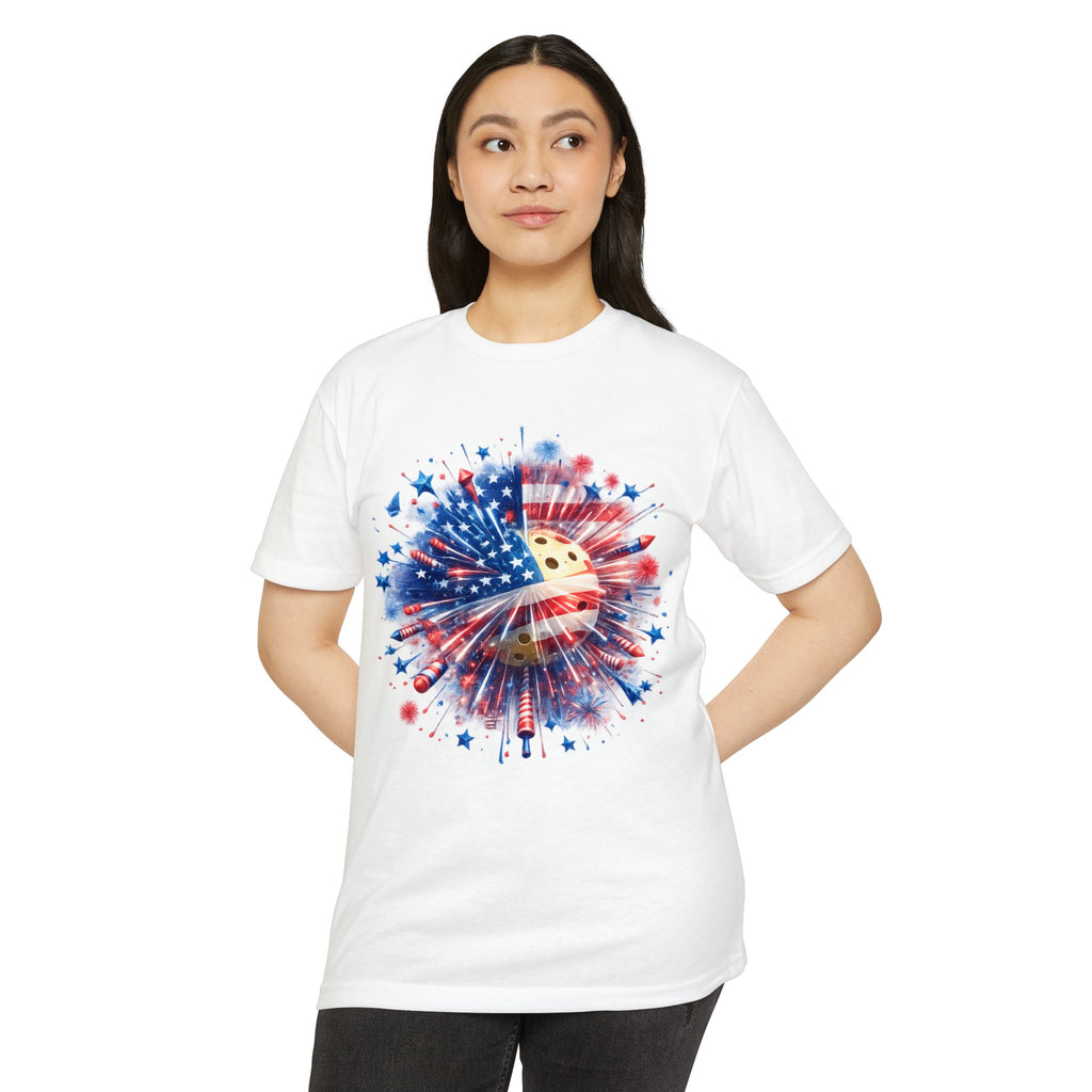 4th of July Fireworks Flag T-Shirt — Patriotic USA Pickleball Design