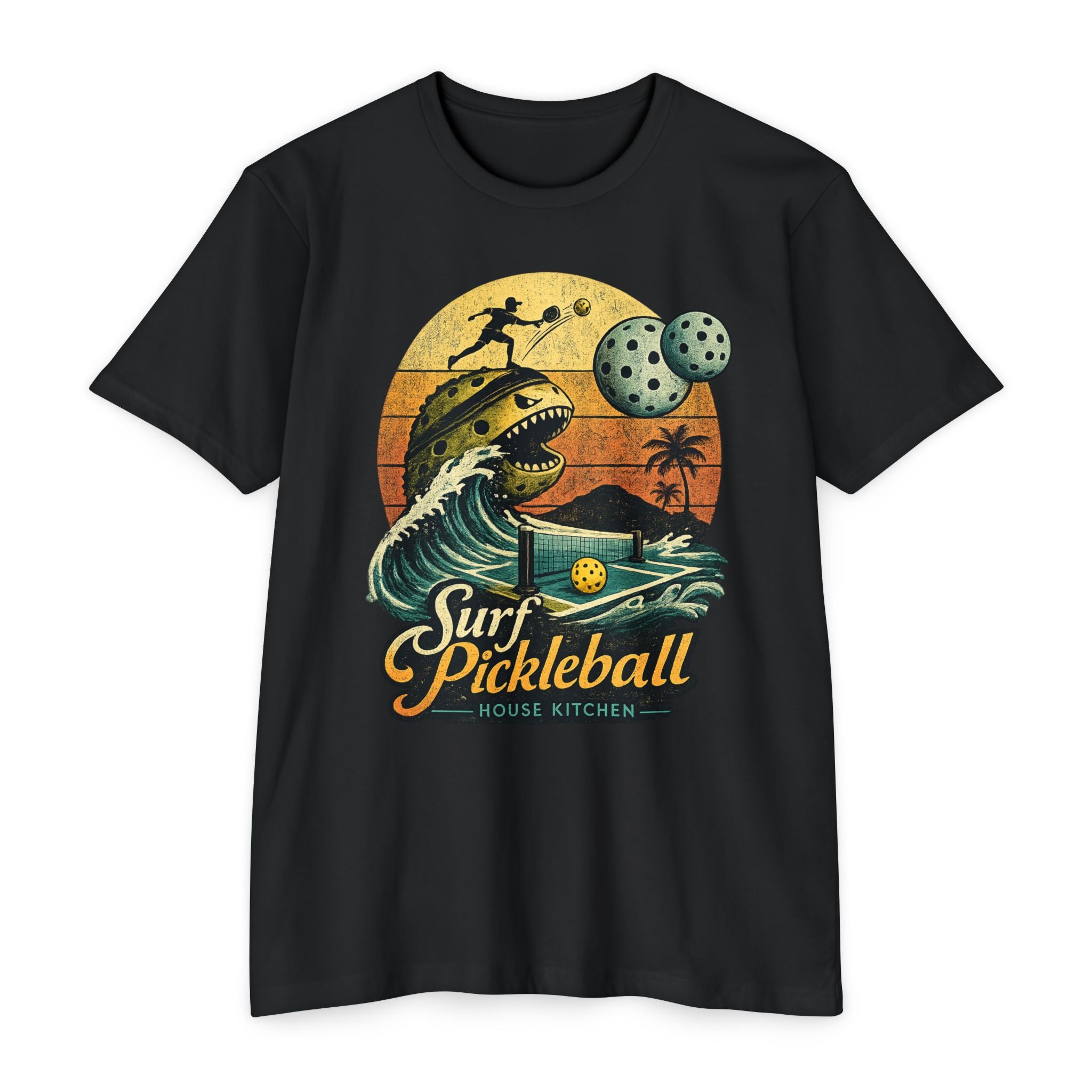 Pickleball Surf T-Shirt — Retro Beach Shark Design