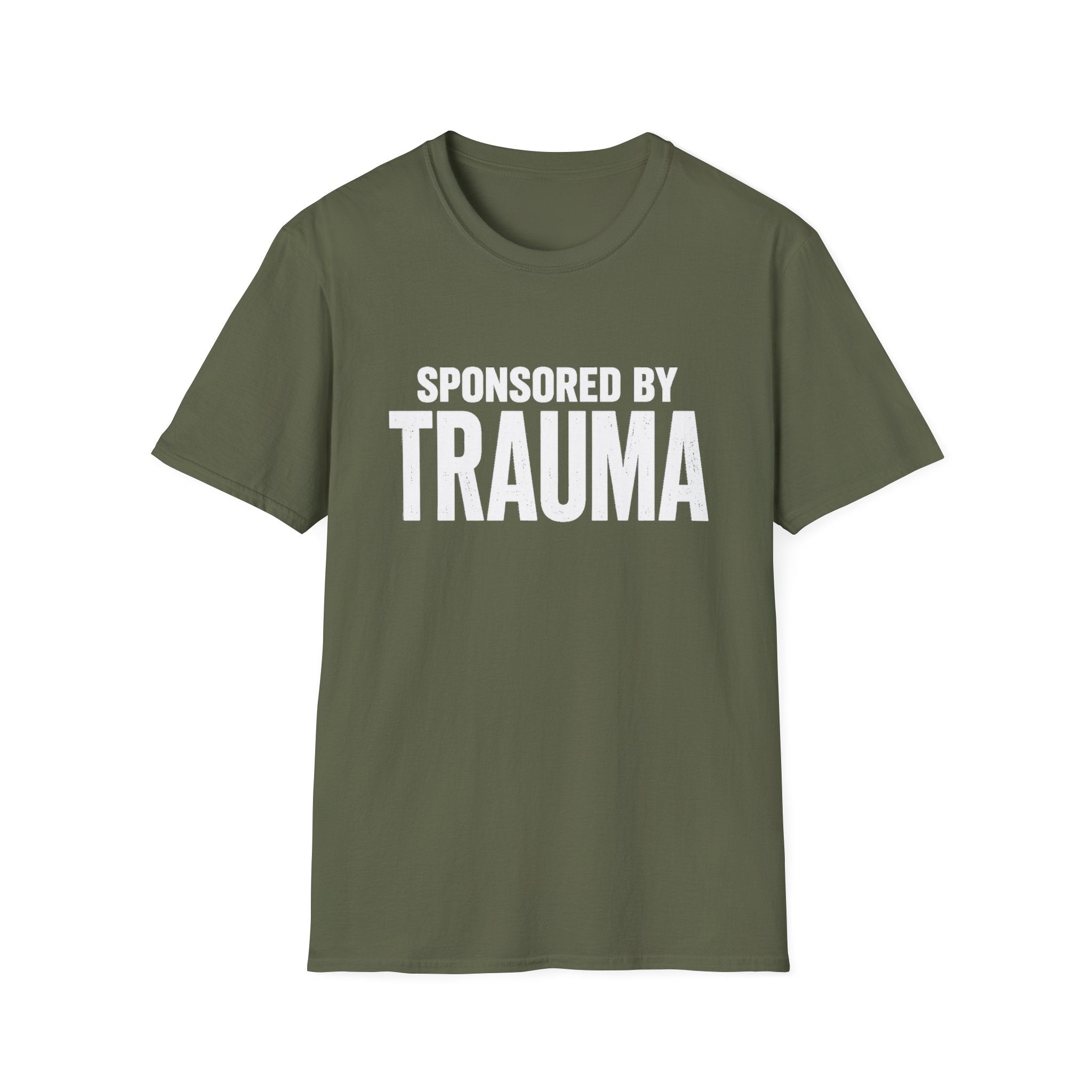 Sponsored by Trauma T-Shirt | Bold White Text Graphic
