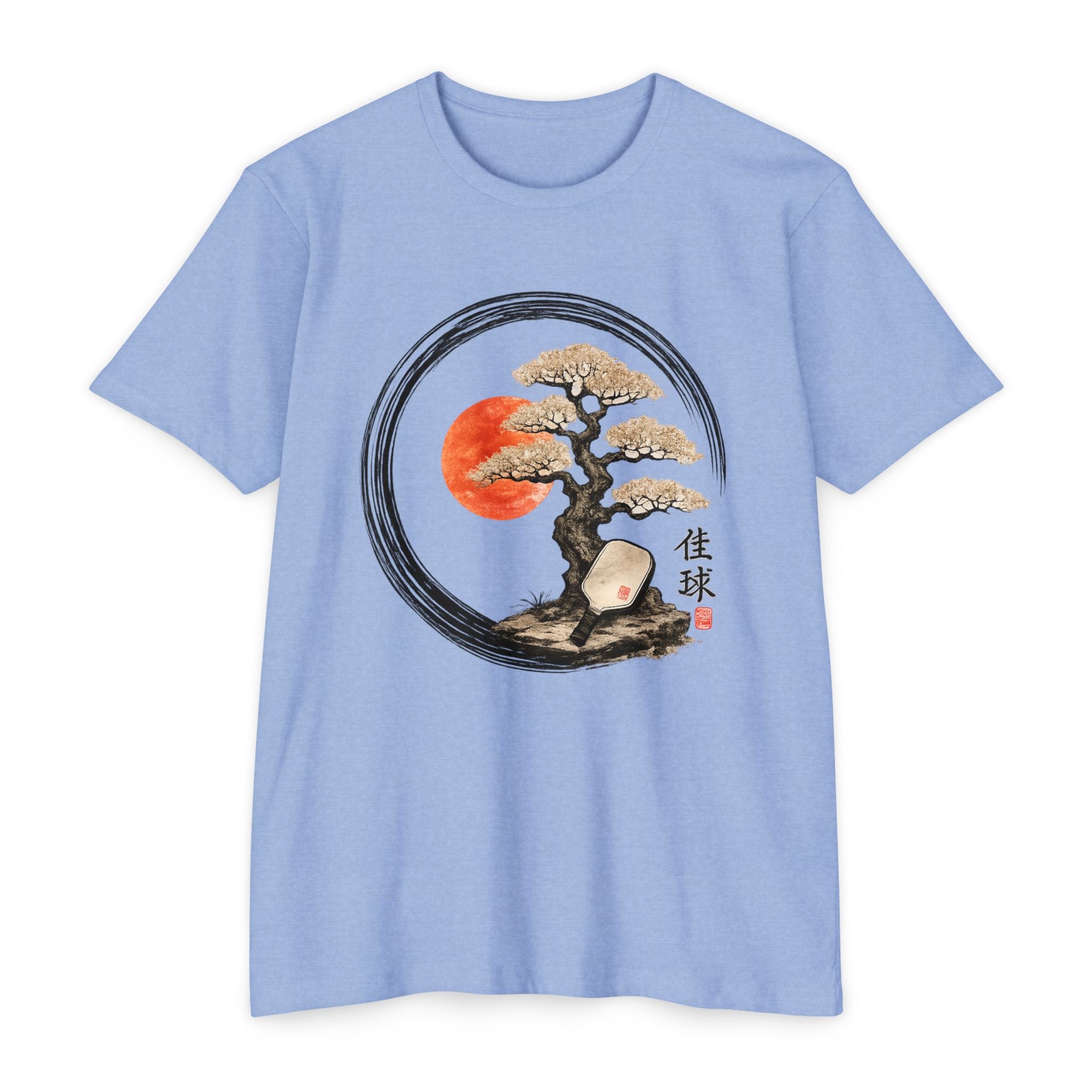 Bonsai Moon T-Shirt — Japanese Ink Circle Design with Red Sun