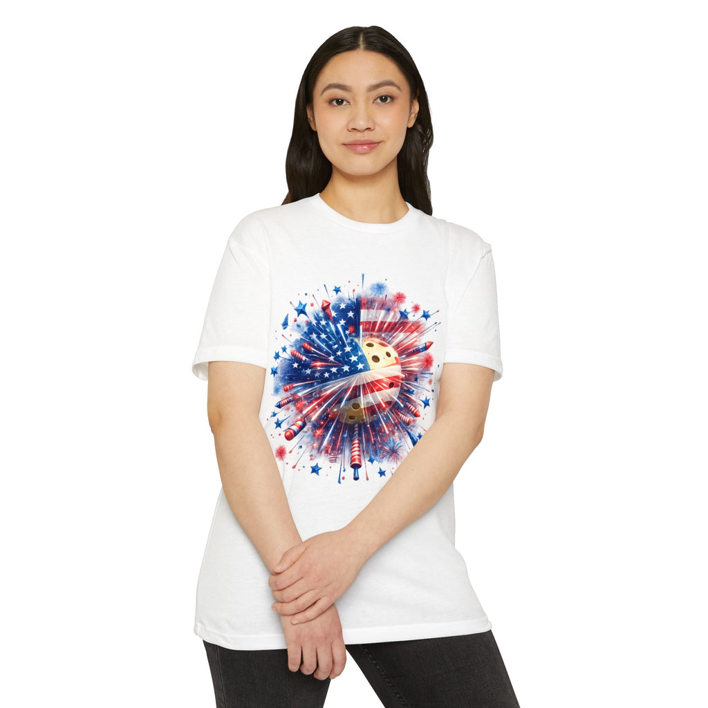 4th of July Fireworks Flag T-Shirt — Patriotic USA Pickleball Design