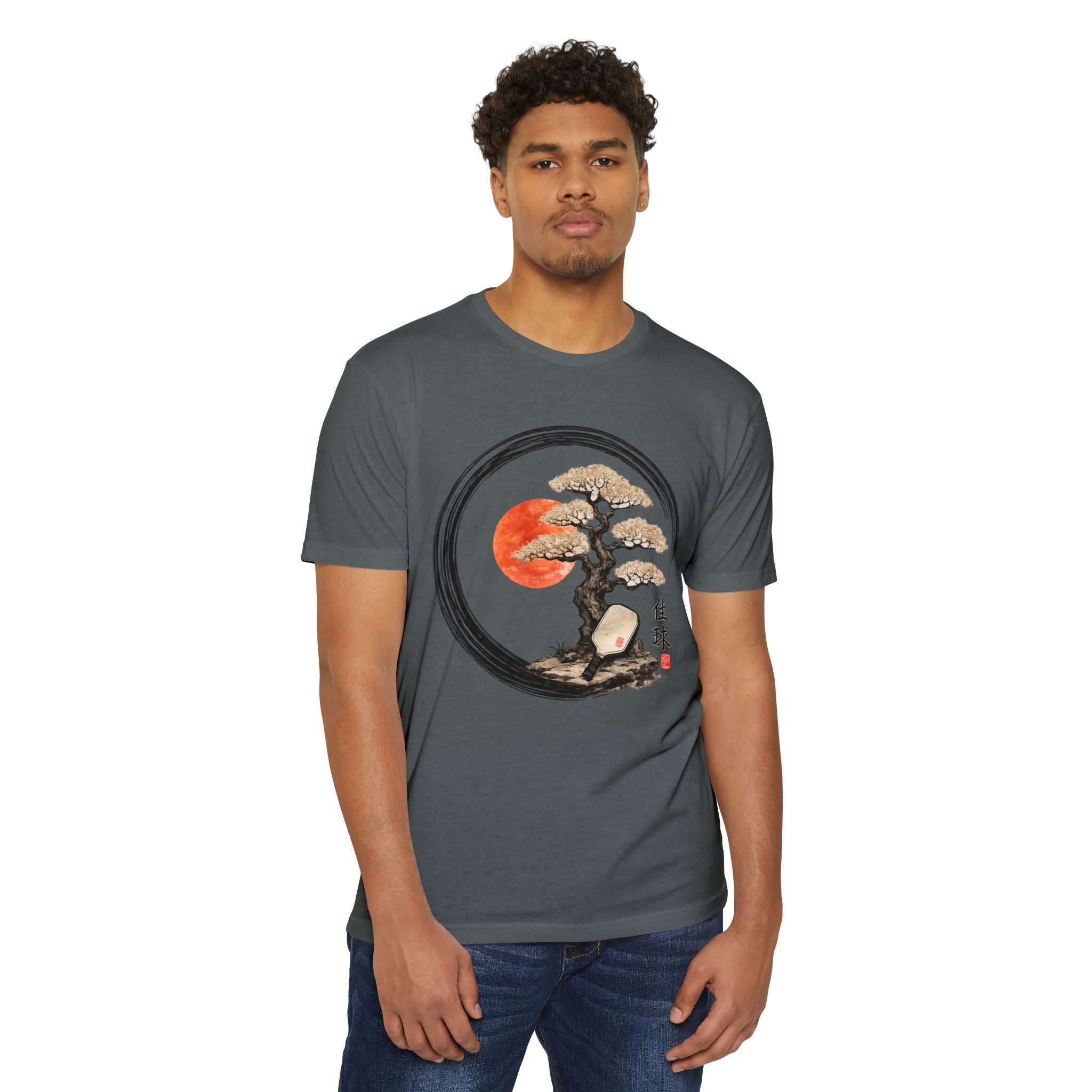 Bonsai Moon T-Shirt — Japanese Ink Circle Design with Red Sun