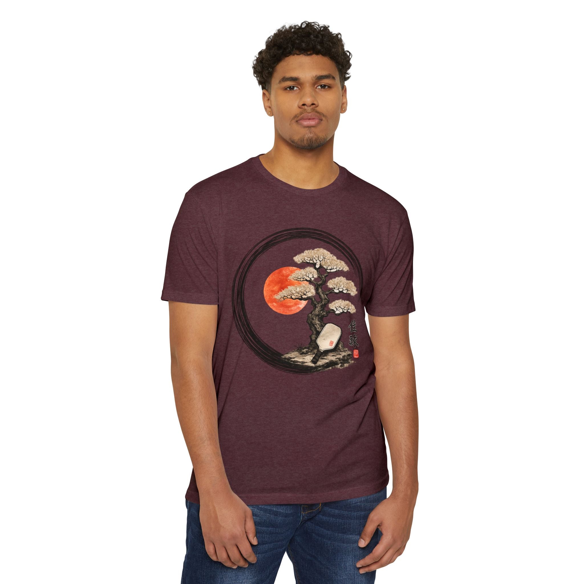 Bonsai Moon T-Shirt — Japanese Ink Circle Design with Red Sun