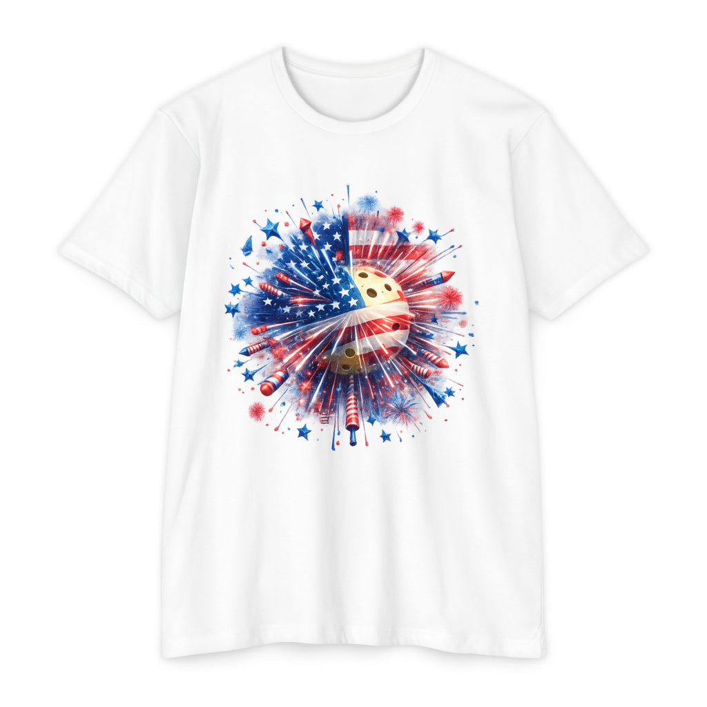 4th of July Fireworks Flag T-Shirt — Patriotic USA Pickleball Design