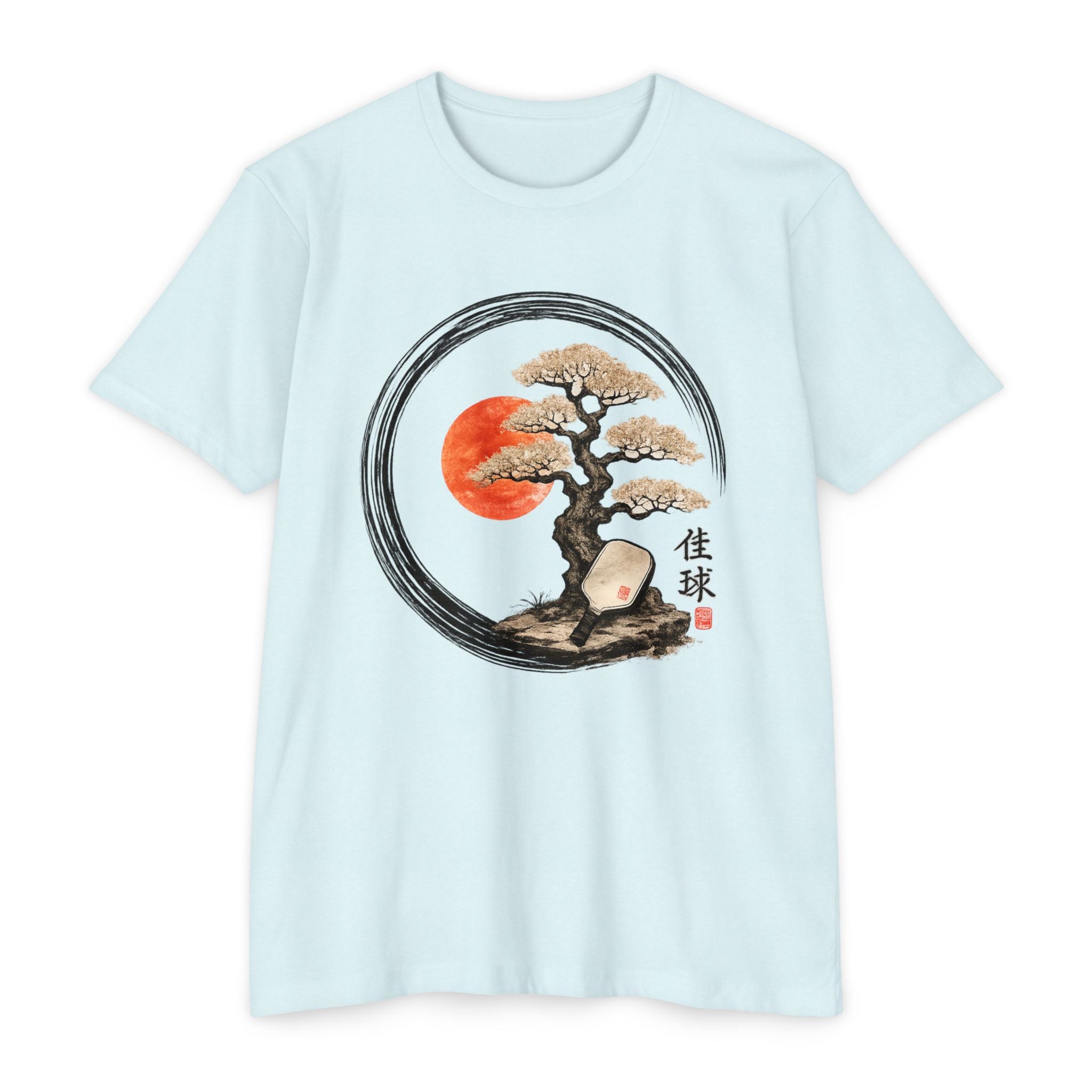 Bonsai Moon T-Shirt — Japanese Ink Circle Design with Red Sun