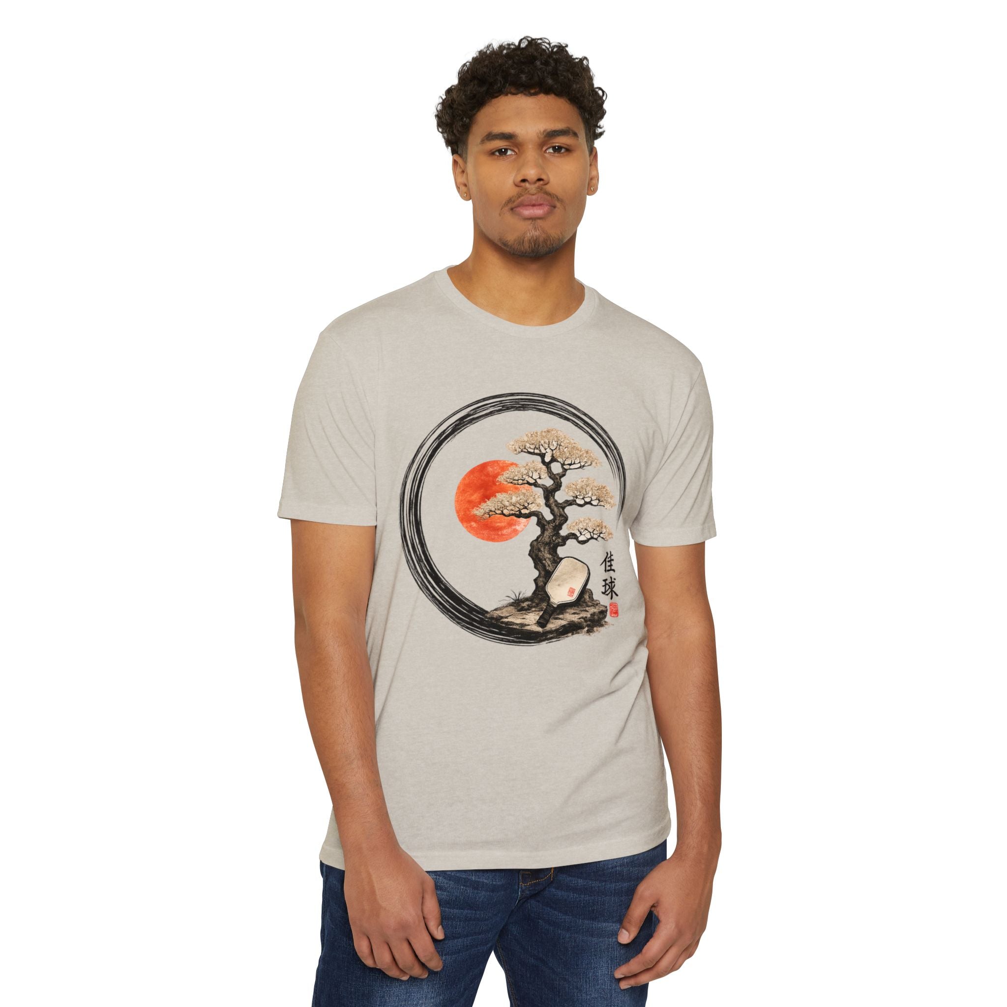Bonsai Moon T-Shirt — Japanese Ink Circle Design with Red Sun