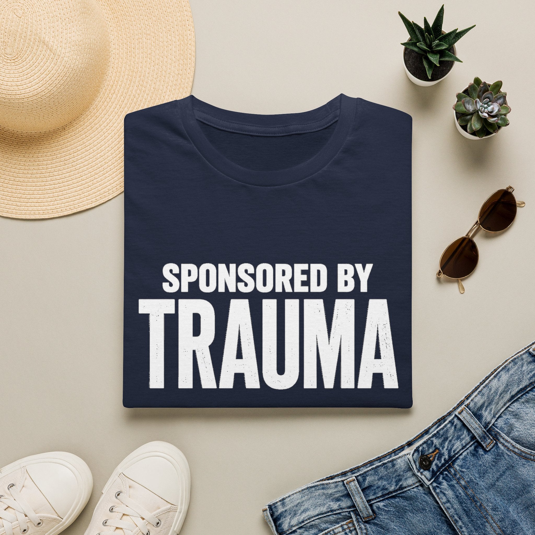 Sponsored by Trauma T-Shirt | Bold White Text Graphic
