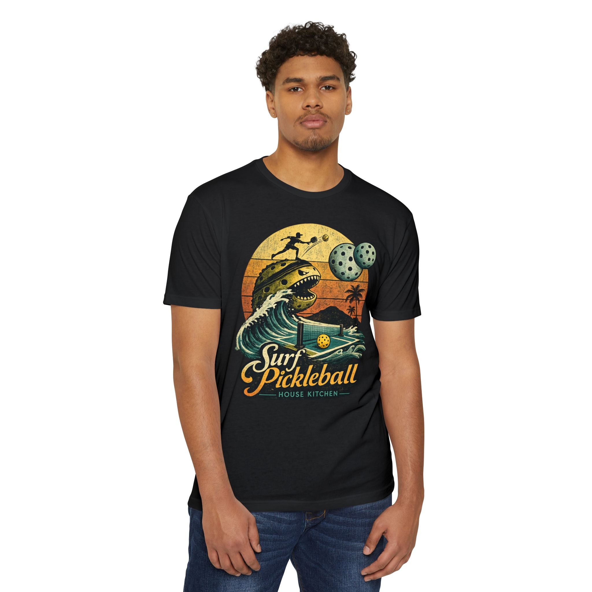 Pickleball Surf T-Shirt — Retro Beach Shark Design