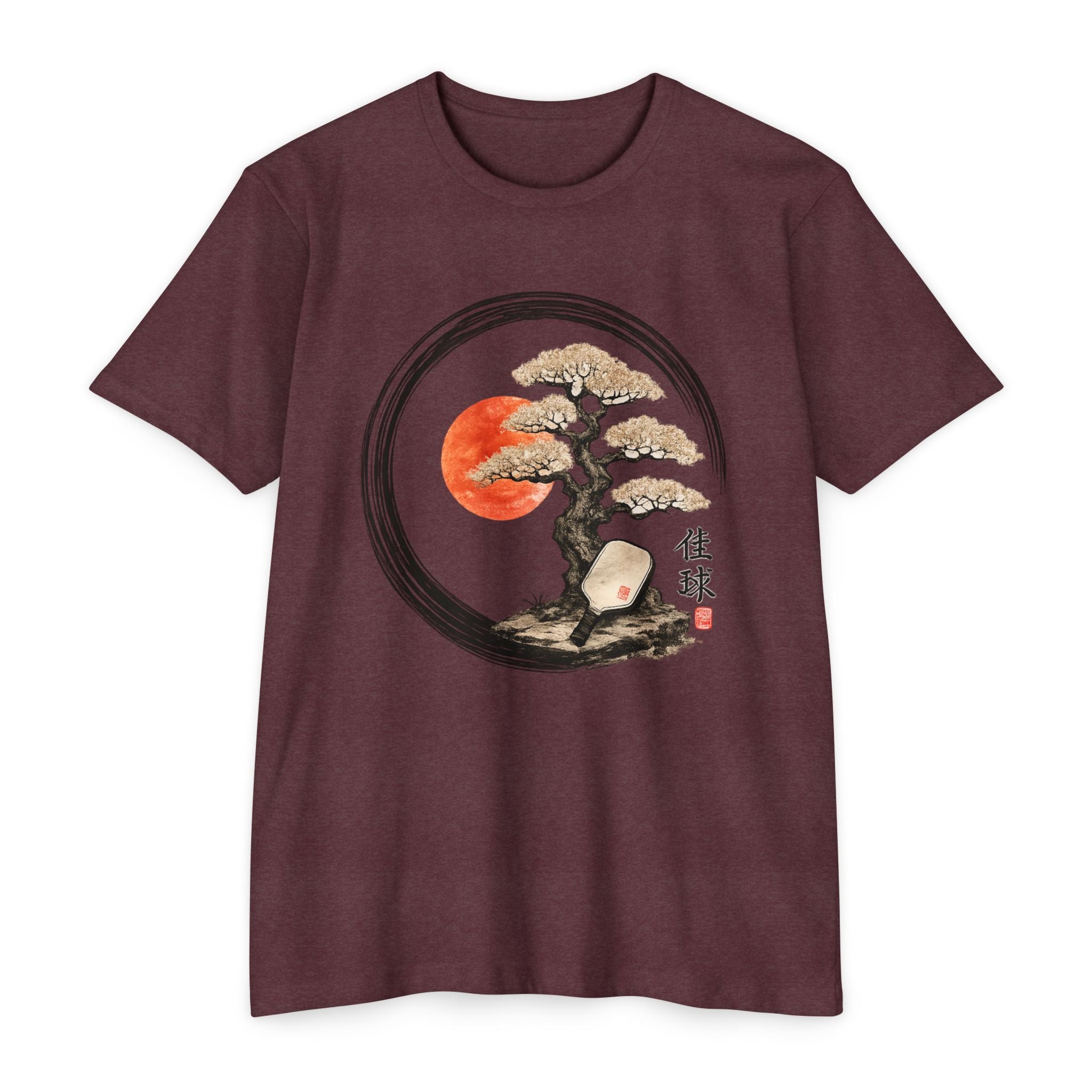 Bonsai Moon T-Shirt — Japanese Ink Circle Design with Red Sun