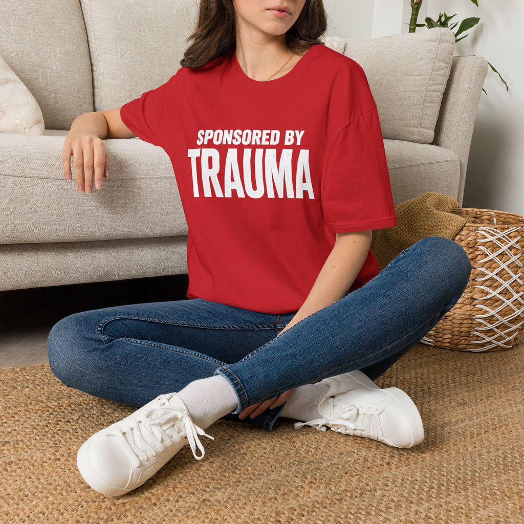 Sponsored by Trauma T-Shirt | Bold White Text Graphic