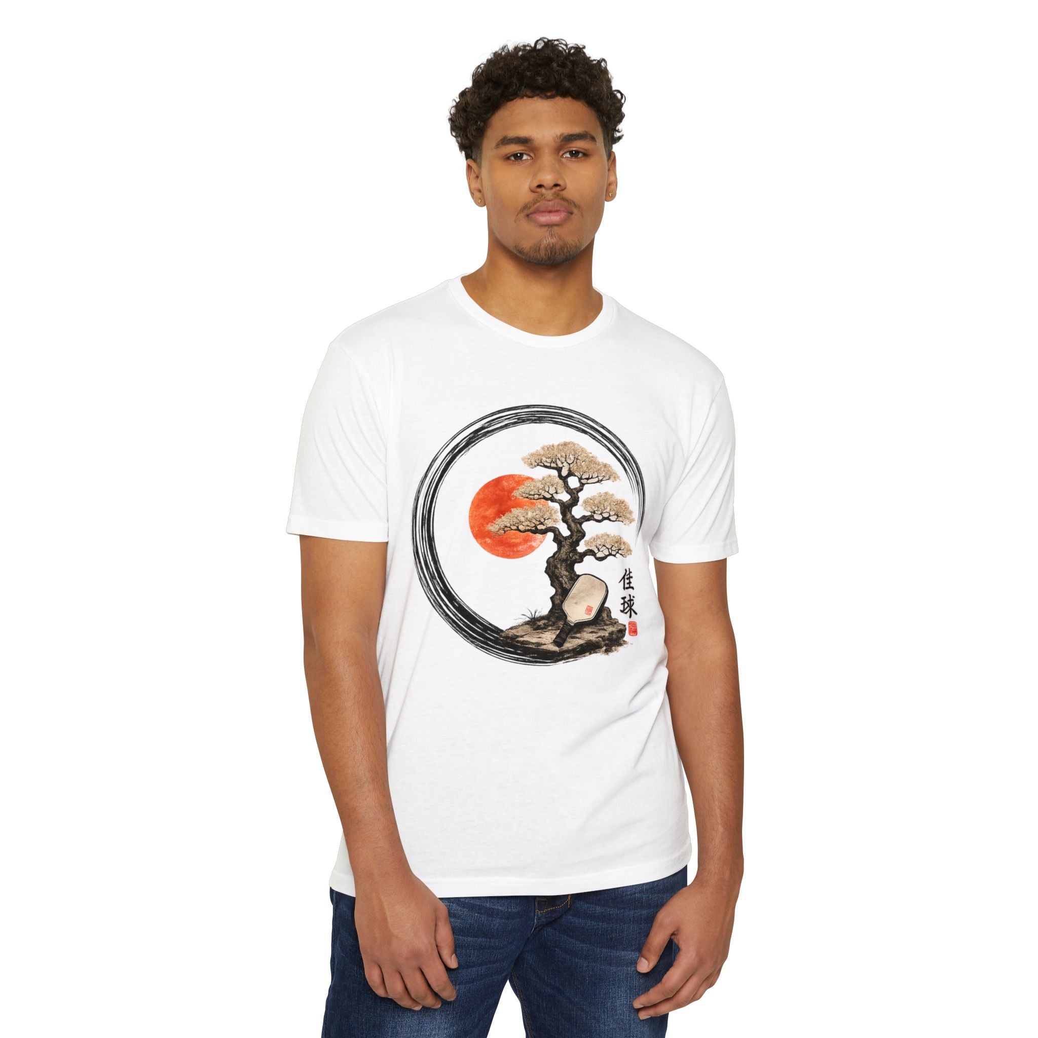 Bonsai Moon T-Shirt — Japanese Ink Circle Design with Red Sun