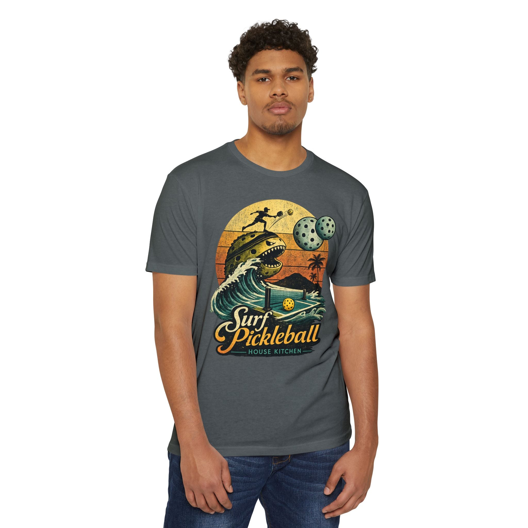 Pickleball Surf T-Shirt — Retro Beach Shark Design