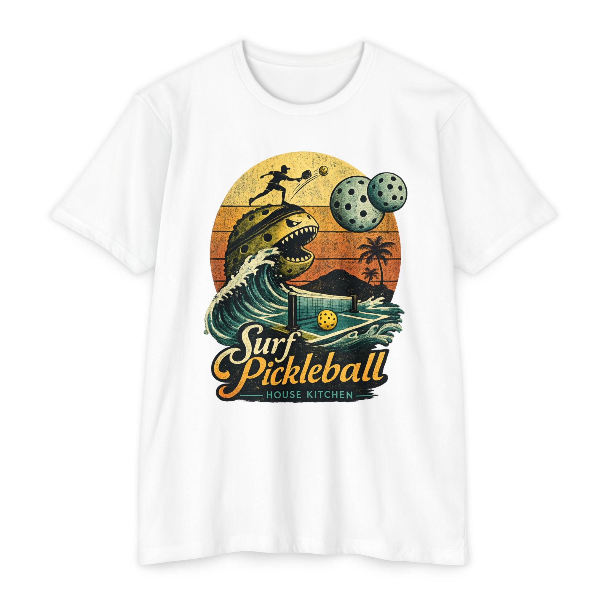 Pickleball Surf T-Shirt — Retro Beach Shark Design