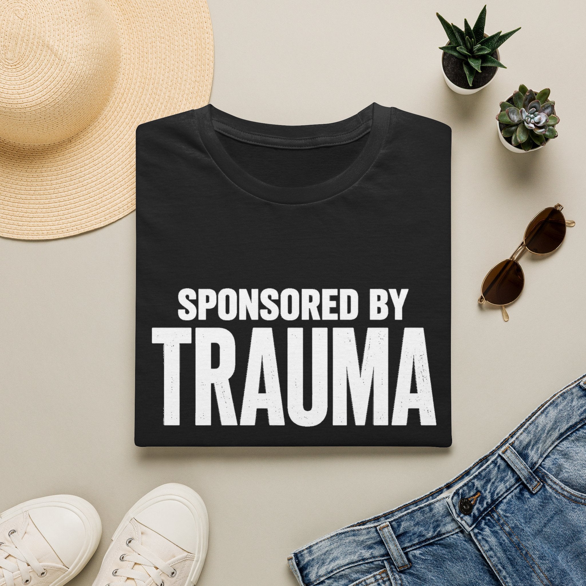 Sponsored by Trauma T-Shirt | Bold White Text Graphic