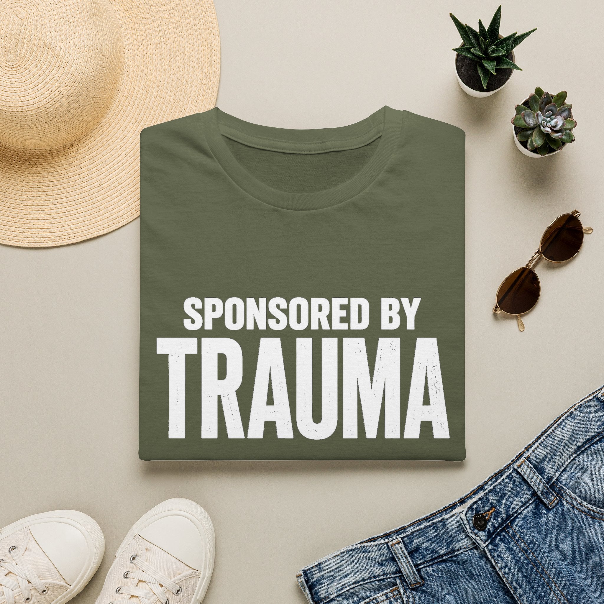 Sponsored by Trauma T-Shirt | Bold White Text Graphic