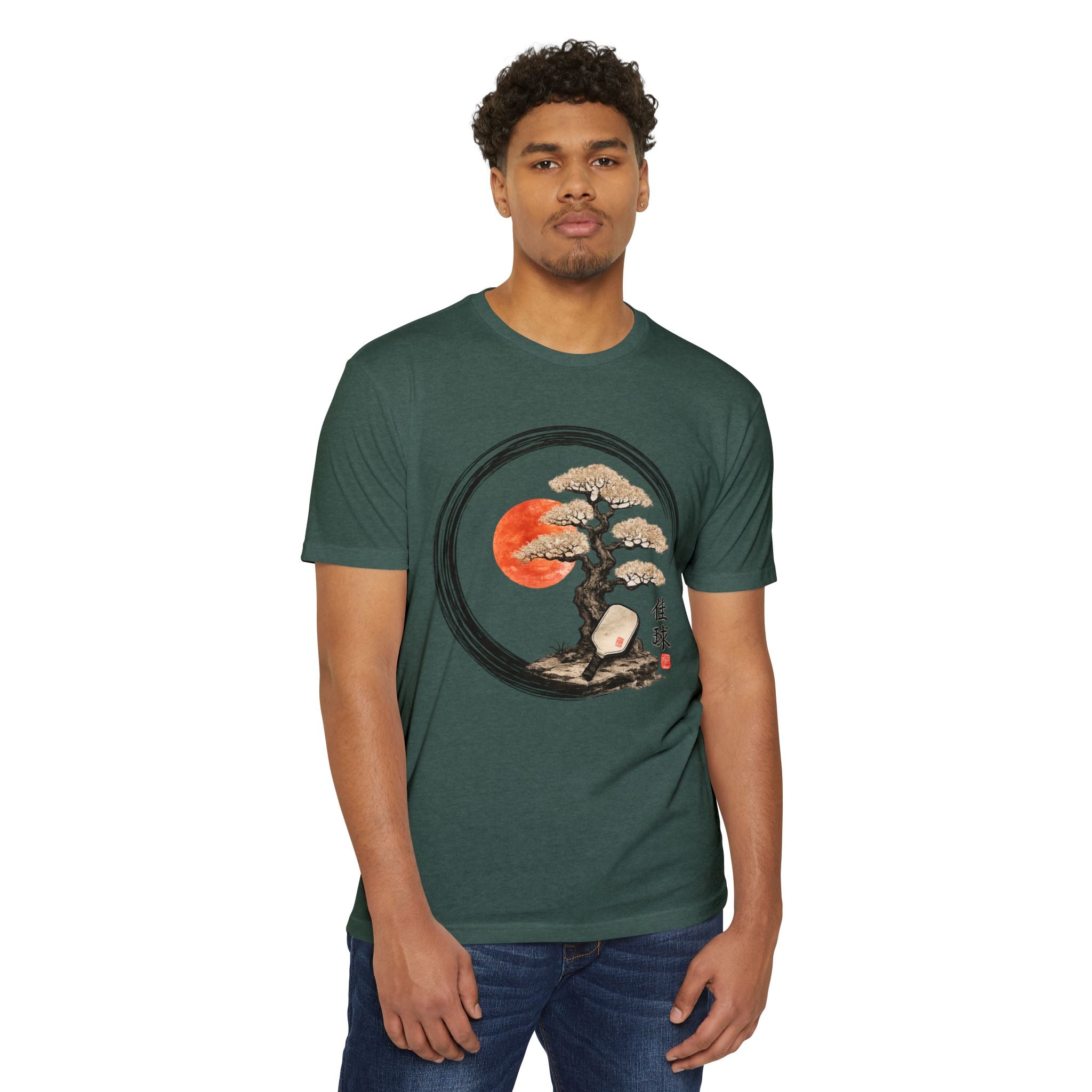 Bonsai Moon T-Shirt — Japanese Ink Circle Design with Red Sun